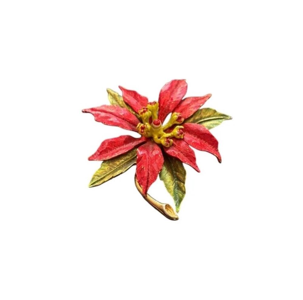 Vintage WEISS Poinsettia Brooch Red Enamel Christmas Flower Pin 1960s Signed